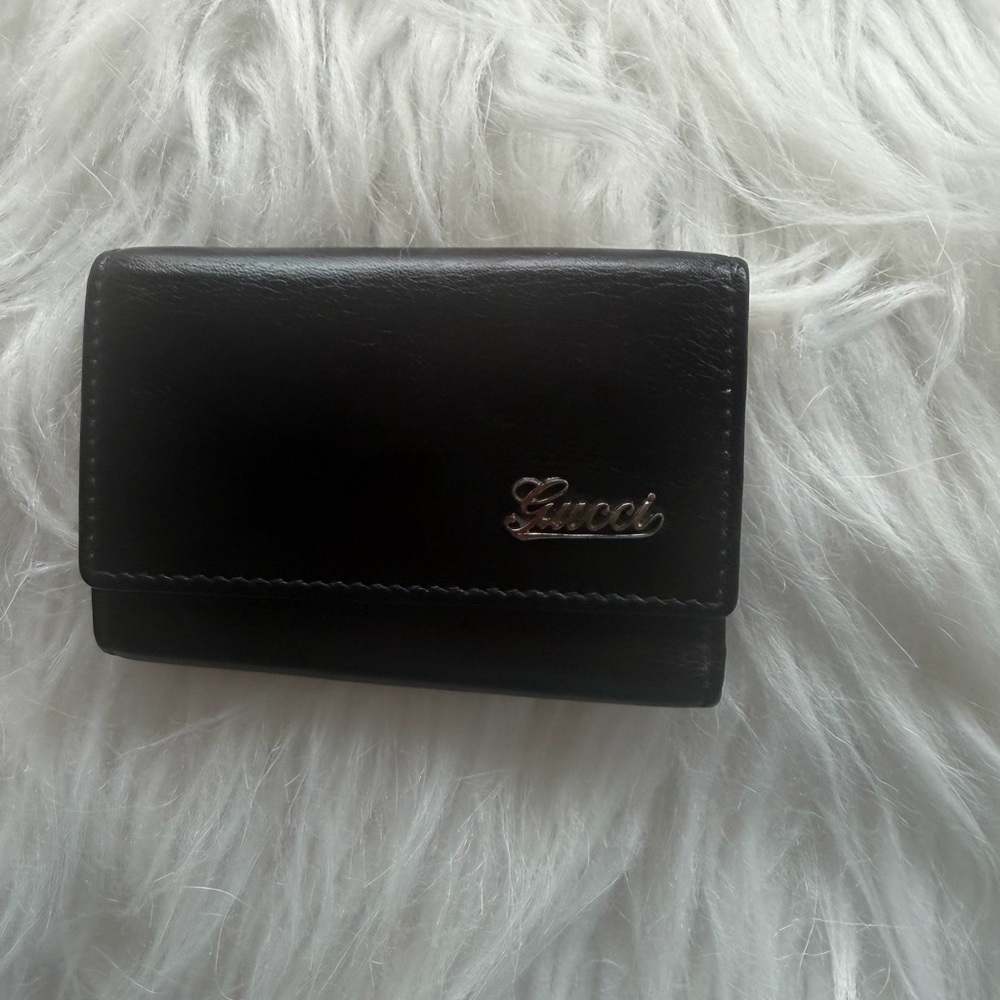 Gucci Black Leather Trifold Card Case with Script Logo
